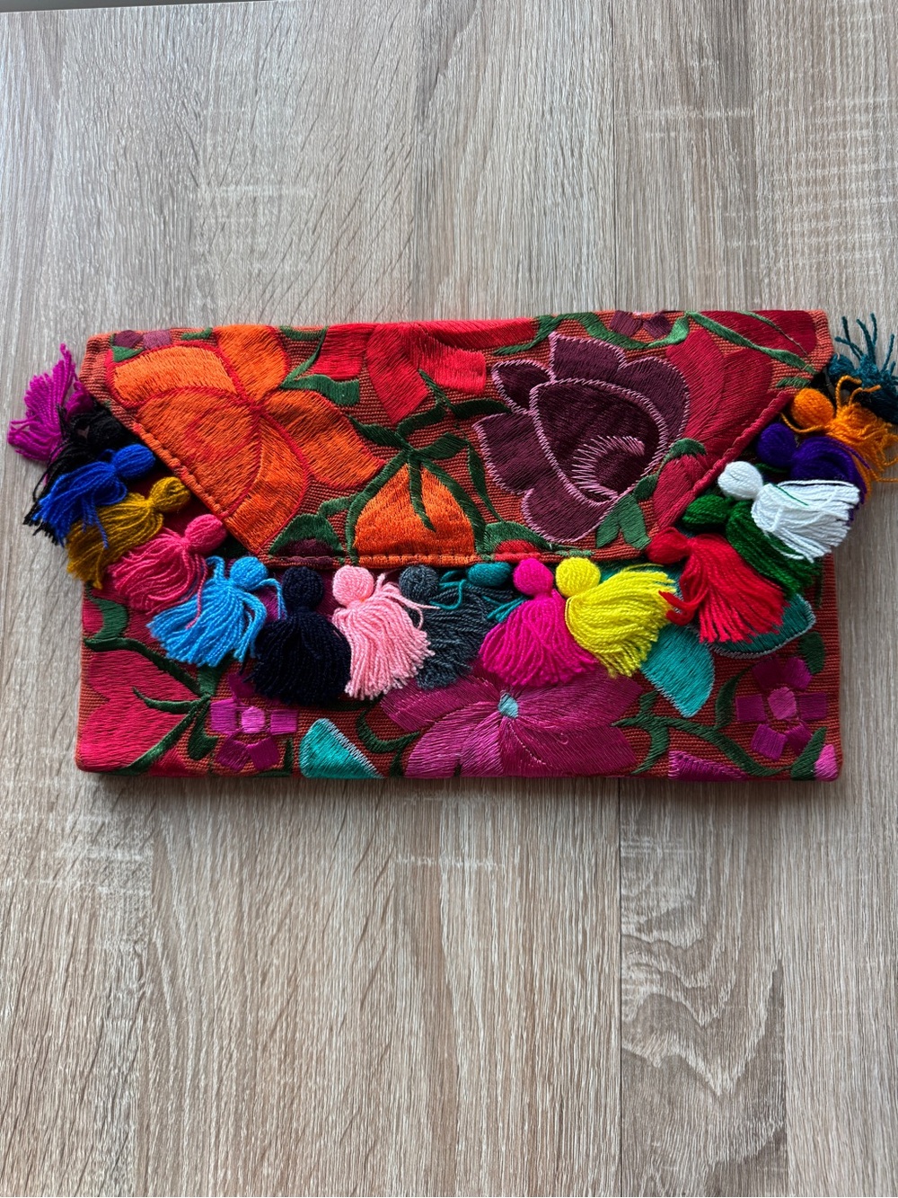 Handmade Mexican Colorful Embroidered Floral Clutch with Tassel Accents